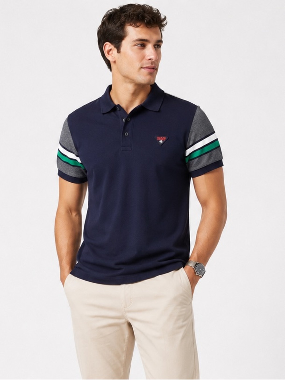 Coach Menswear Pine Blue Signature Polo Shirt Striped Sleeves Size M